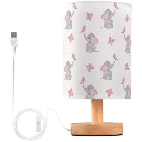 Cute Elephant Baby Play Nightstand Lamp with Wood Base Fabric Shade for Living Room Bedroom Kids Room Office