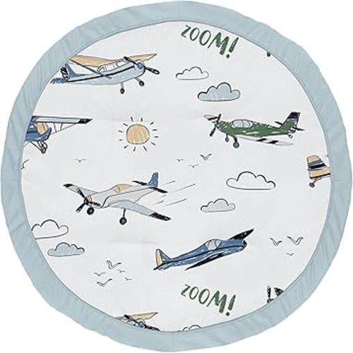Sweet Jojo Designs Vintage Airplane Boy Baby Play Mat Tummy Time Activity Infant Playmat Playpen Tent Teepee Floor Grey Green Blue White Yellow Airplanes Plane Transportation Clouds Sun Sky Aviator