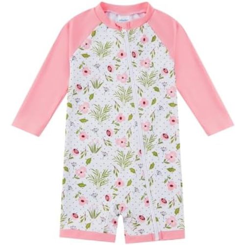 Baby Girl One Piece Swimsuit Sunsuit with Full-Length Zipper UPF 50+ Sun Protection Infant Swimwear