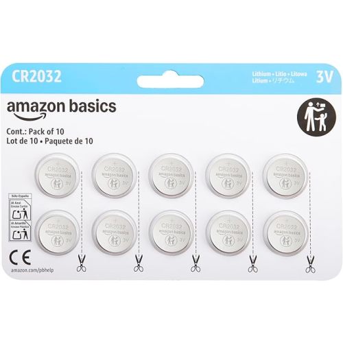 Amazon Basics CR2032 3V Lithium Coin Cell Batteries for Key Fob, Watch, Remote, Child-Proof Package, Non-Coated, AirTag Compatible, 10-Pack