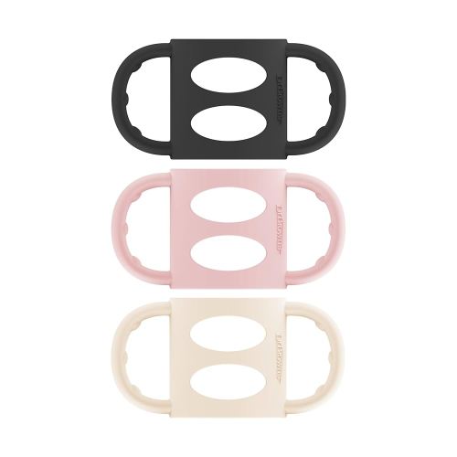 Dr. Brown's Narrow Baby Bottle Handles, 100% Silicone, Easy Grip Removable Handles for Bottle to Sippy Cup Transition, Black/Ecru/Pink, 3-Pack, 4m+