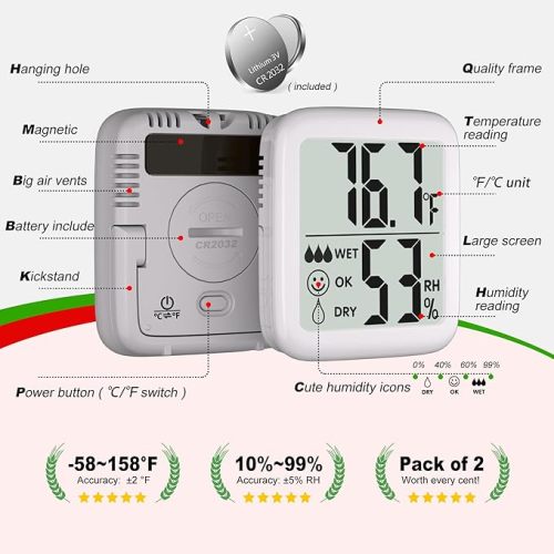 Antonki 2 Pack Room Thermometer for Home, Hygrometer Indoor Humidity Meter Gauge, Digital Temperature and Humidity Sensor Monitor for House, Terrarium, Incubator, Greenhouse - Battery Included