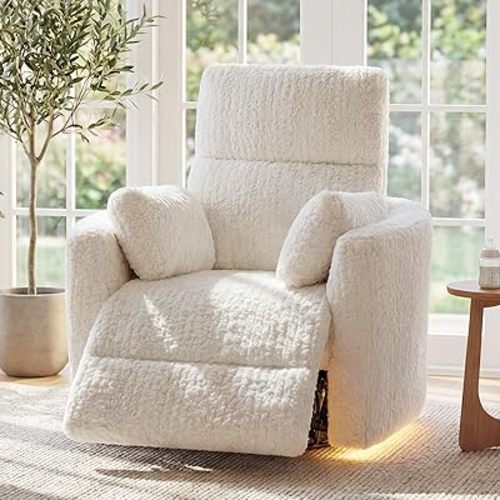 Power Swivel Rocker Recliner for Adults, Large Glider Rocking Chair w/ 2 Pillows, USB and Type-C Ports, Night Light, Fluffy Plush Nursery Chair for Living Room, Bedroom,Nursery, Beige