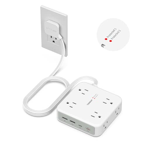 TESSAN Dual Surge Protector Power Strip, 5 Ft Extension Cord Flat Wall Plug | 4 USB (2 USB C) 8 Outlets, 2100J Surge Protection, 20W Multiple Charging Station for Home, Office, College, Dorm, Grey