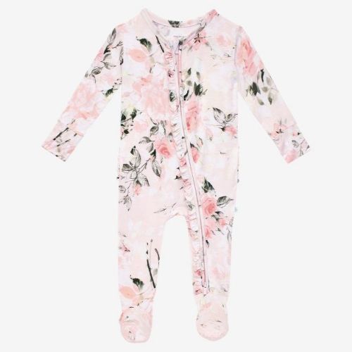 Infant Vintage Pink Rose Footie Ruffled Zippered One Piece - Posh Peanut