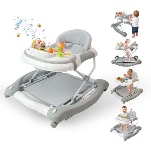 5 in 1 Baby Walker (Walk,Jumper,Rocking,Push,Bouncer) for Boys Girls,Foldable,Music & Light,Height Adjustable,Wheels for Infant Babies,Grey
