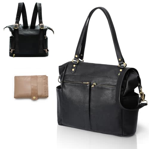 MOMINSIDE Diaper Bag Tote Convertible Diaper Bag Backpack Tote Leather | 4 in 1 Baby Bag Hospital bag 13 Pockets Travel Diaper Tote Pañaleras Para Bebe with Changing Pad for Mom & Dad(Black)