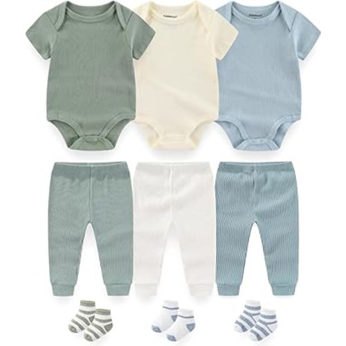 Baby Layette Gift Set 9-Piece Baby Bodysuits and Pant Socks Set Infant Boy Girl Clothes Outfits