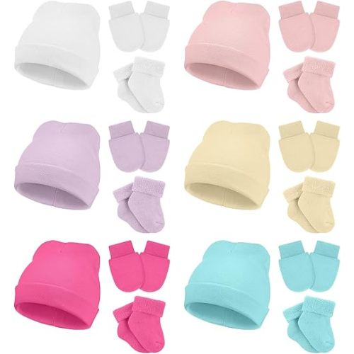 Toulite 6 Pack Preemie Hats Mittens and Socks Set Cotton Preemie Beanie Hat Socks and No Scratch Mittens