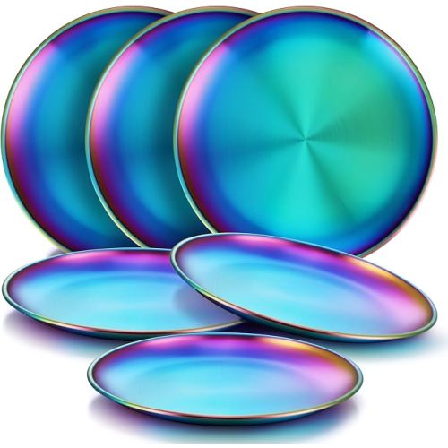 HaWare 6-Piece 18/8 Stainless Steel Plates, 8 Inch, Rainbow | Metal Plates, 304, For Kids Toddlers Children, Feeding Serving Camping, Reusable Dinnerware, Non-toxic Dishwasher Safe
