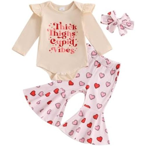 First Valentines Day Baby Girl Outfit Newborn Valentine Long Sleeve Ruffle Romper Bell Bottoms Headband Fall Clothes