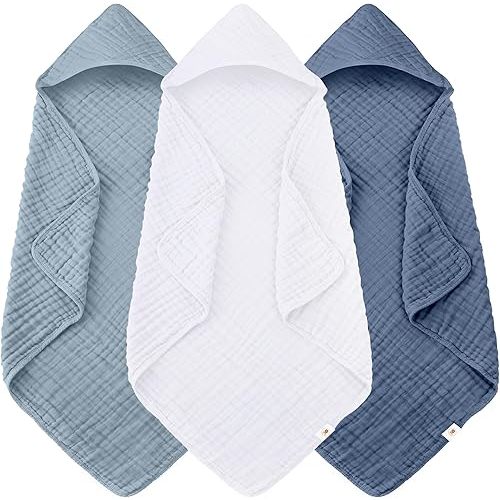 Sunny zzzZZ Muslin Hooded Baby Bath Towels - 3 Pack 100% Cotton Soft Low-Saturation Pastel Towels Including Classic White for Newborns, Infants, Toddlers - 32x32 Inch - Light Navy and White