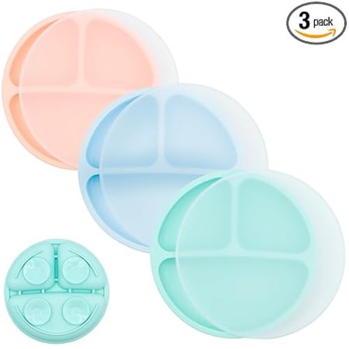 WeeSprout Suction Plates for Babies With Lids & Toddlers - 100% Silicone, Dinnerware Stays Put, Divided Design for Picky Eaters, Microwave & Dishwasher Friendly, 3 Pack