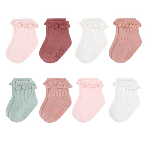 Looching 8 Pack Baby Girls Anti Slip Socks Toddler Frilly Ruffle Grip Ankle Cotton Socks for Infant/Newborn/0-2T