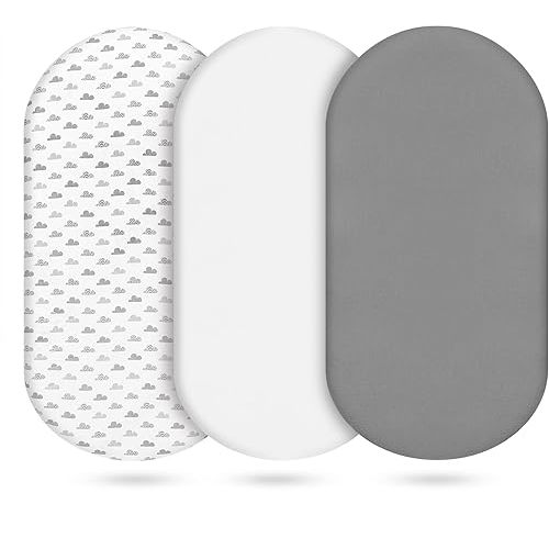 3-Pack Cotton Muslin Bassinet Sheets - Fitted Elastic Mattress Cover for Baby Boys & Girls, Breathable Bedside Bassinet Sheets Neutral Colors (Fits Oval & Rectangle Shape) (Gray)