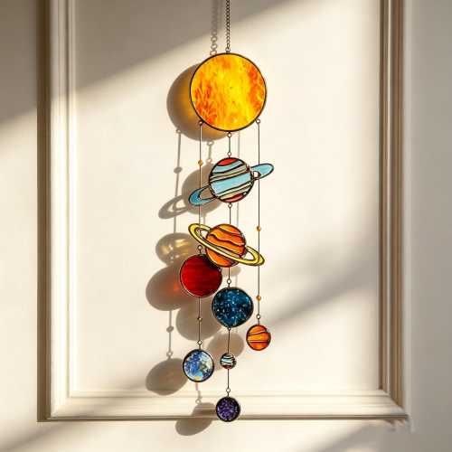 Solar System Stained Glass Suncatcher, Handmade Planet Window Hanging Kids Room Decor Space Galaxy Glass Ornament, Astronomy Graduation Gift