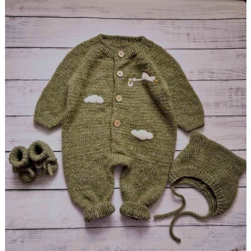 Stork Embroidered Alpaca Romper Set, Newborn Baby Gift and Baby Shower Gift Boy, Knitted Baby Outfit with Bonnet and Booties