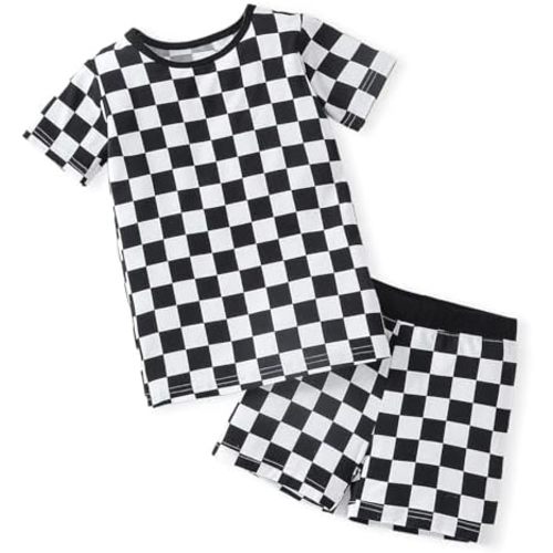 OPAWO Bamboo Pajamas Toddler Boy Clothes Checkered Tee and Shorts 2 Piece Summer Bamboo Baby Pajamas Sleepwear Pjs Set 12M-5T