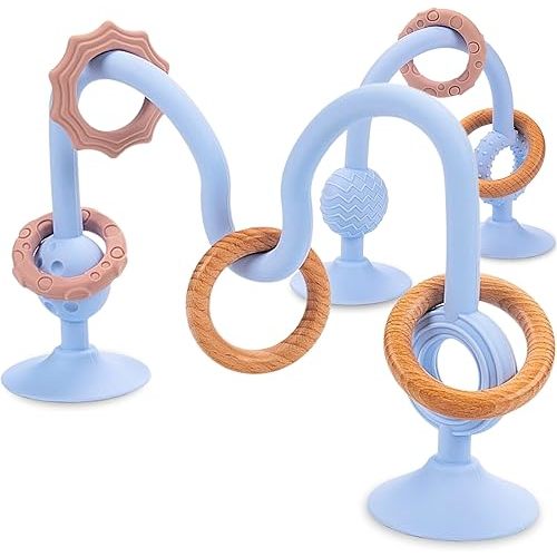 High Chair Suction Toy for High Chair Trays, Baby Suction Cup Toy with Large Suction Base, Food Grade Silicone and Wooden Rings, Sensory Toy 6-12 Months