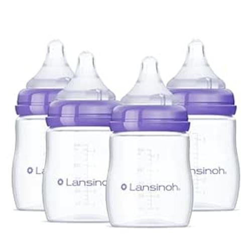 Lansinoh Anti-Colic Baby Bottles, BPA-Free Plastic, 5 Ounces, 4 Count, Slow Flow Nipples (Size S), Breastfeeding Bottle with NaturalWave Design