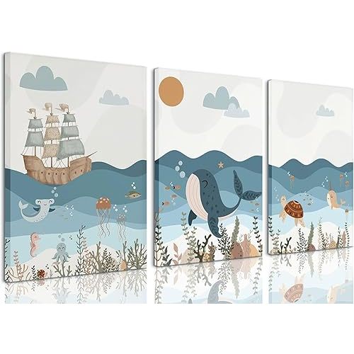 LYPHNX Framed Blue Ocean Nautical Nursery Canvas Wall Art Sea Turtle Whale Animal Painting Picture Set of 3 Kids Prints Poster Wall Decor for Baby Boys Girl Children's Room Bedroom Bathroom 12"x16"