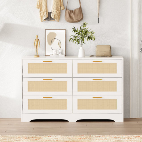 Ebern Designs Nakeesha 47" Wide Rattan Dresser with 6 Drawer, Rattan Dresser with Gold Handles 30" Tall Double Dresser Wood Storage Closet Dressers Chest of Drawers for Bedroom, Living Room, Hallway & Reviews | Wayfair