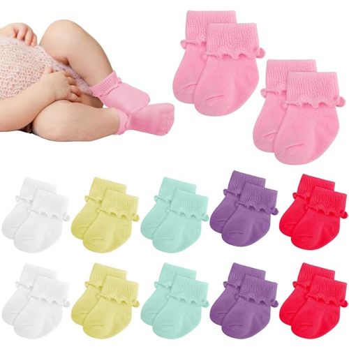 Toulite 12 Pairs Preemie Newborn Baby Ankle Socks Ruffle Turn Cuff Cotton Non-slip Warm Socks for Girls and Boys Infant