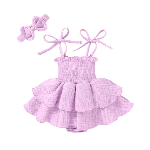 YOUNGER TREE Baby Girl Clothes Infant Summer Romper Dress Sleeveless Outfit | Cute Toddler Jumpsuit with Headband, Smocked Photoshoot Outfits, Adjustable Straps, Snap Closure