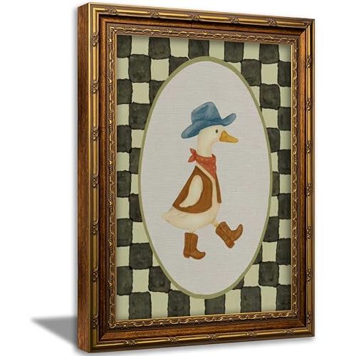 Vintage Gold Framed Wall Art Cowboy Silly Goose Nursery Painting Canvas Prints Baby Boy Western Duck Checkered Picture Wall Decor Rustic Farmhouse Poster Artwork for Living Room Bedroom Bathroom