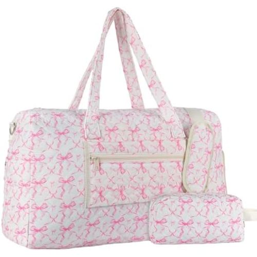 Quilted Duffle Bag with Shoe Compartment, Floral Travel Bag with Cosmetic Pouch, Hospital Bag for Women Labor Delivery, Weekender Carry On Bag, Large Travel Duffle Bag for Women, Pink Bow