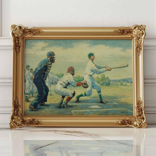Vintage Painting Print with Baseball Players, Vintage Sport Art, Baseball Retro Sport Poster, Baseball Art, Baseball Wall Art, Sport Art