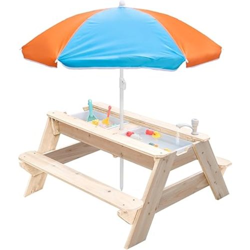 Kids 3-in-1 Sand & Water Table, Wood Outdoor Convertible Picnic Table with Umbrella, 2 Trays, Removable Top with Faucet, Picnic for Outdoor (Natural/Orange)