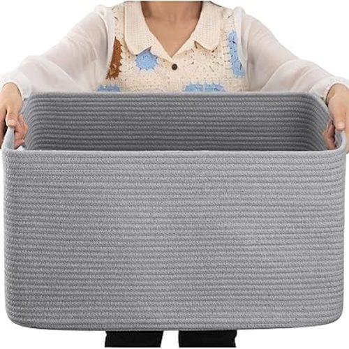 OIAHOMY 75L Large Blanket Basket, Woven Blanket Storage Basket with Handle, Cotton Rope Basket for Organizing 22”x17”x12”, Blanket Basket living Room, Toy Basket for Nursery, Grey