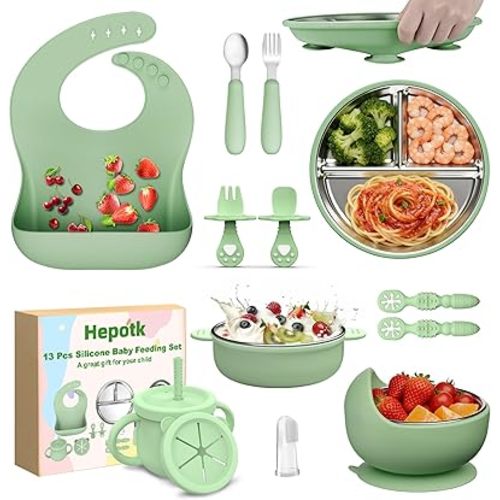 13 Pack Silicone Baby Feeding Set, BPA-Free Toddler Feeding Supplies, Include Suction Plates, Baby Bowls, Silicone Fork & Spoon, and More, First Stage Baby Dish Set - 6+ Months