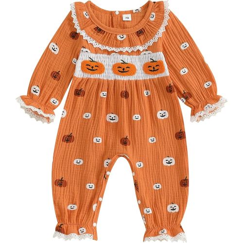 Newborn Baby Girl Halloween Outfit Doll Collar Pumpkin Jumpsuit Romper Ruffle Sleeve Bodysuit Long Overalls with Bow