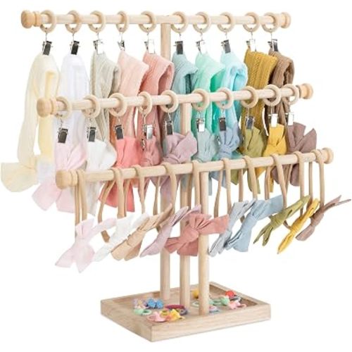 POVETIRE Headband Holder Bow Organizer for Girls, 3 Tier Wood