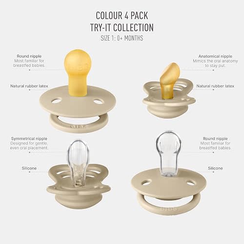 BIBS Try-It Collection | 4-Pack Soothers | BPA-Free Round, Anatomical & Symmetrical Nipple | Natural Rubber Latex/Silicone | Made in Denmark | 0-6 Months | Vanilla
