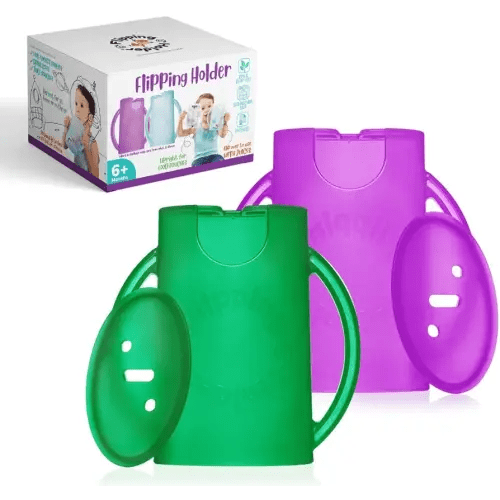 Flipping Holder Squeeze Proof Food Pouch Holder for Toddlers, Babies, Kids, Mess Free No Squeeze Juice Box Drink and Applesauce Snack Holder with Easy Grip Handles and Lid