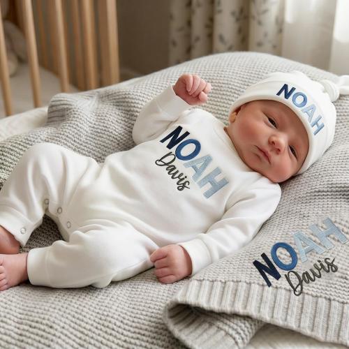 Rainbow Gradient Personalized Baby Romper Set, Custom Name Embroidered Organic Cotton Newborn Outfit, Ombre Baby Shower Gift with Blanket