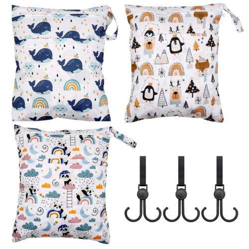 GIRACOA 3 Pcs Wet Bag, Waterproof Washable Portable Diaper Bag Storage Bag, Reusable Nappy Bag Wet Dry Bags with Double Zipper Pockets for Baby Items Wet Clothes Swimming Gym Beach Pool Bag