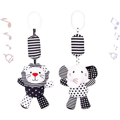 2Pcs Hanging Rattle Toys for Babies, Hanging Baby Toy, Car Seats Stroller Toys with Wind Chime for Newborn 0-36 Months, Clip Hanging Plush Squeeze Toys, Best Birthday Gift for Newborn