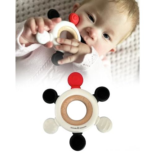 Samuel Sensory Beech Wood & Food-Grade Silicone Baby Teether Ring - Red, Black, and White - Teether Toys for Babies 0-6 Months