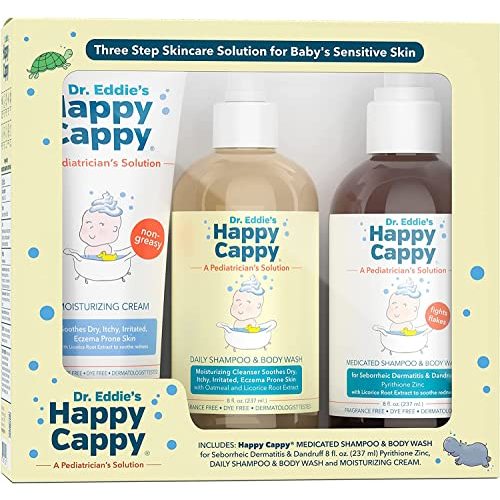 Happy Cappy Dr. Eddie's 3 Step Skincare Solution for Baby's Sensitive Skin | for Cradle Cap, Seborrheic Dermatitis, Dandruff, Dry, Itchy, Irritated, Eczema Prone Skin, Gift Box Set, 3 Pieces