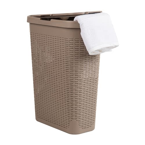 Mind Reader Slim Laundry Hamper with Lid, 40L Clothes Basket, Premium Wicker Design, Plastic, Tan