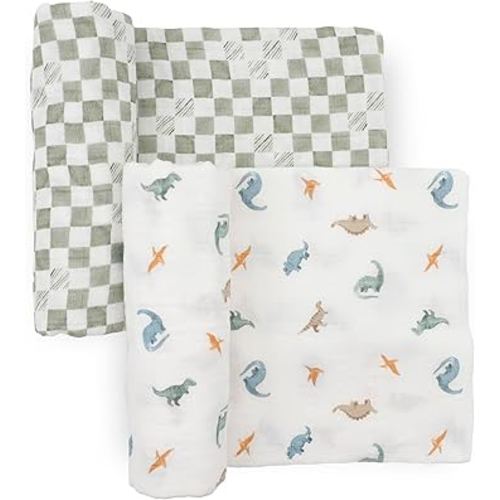 Little Unicorn 100% Certified Natural Organic Cotton Muslin Swaddle Blanket 2 Pack | Giftable Set of 2 swaddles (Little Dino)