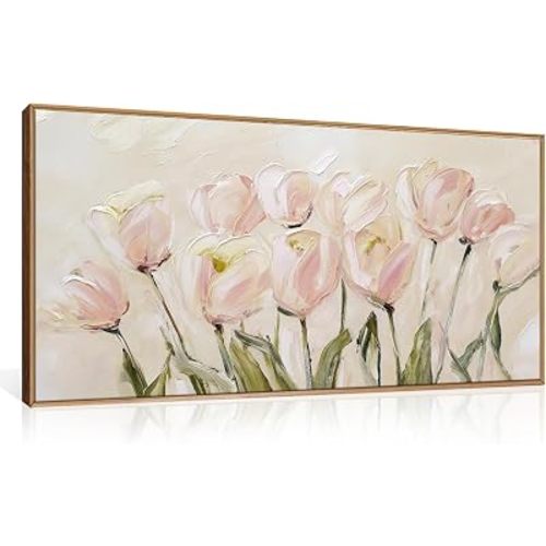 CHDITB Tulip Floral Framed Canvas Wall Art, Large Modern Pink Flower Decor