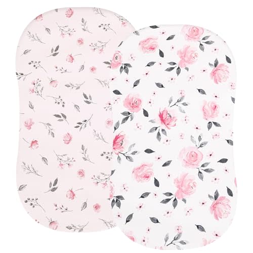 PHF Soft Bassinet Sheet Set, 2 Pack Silky Comfy Breathable Cradle Sheets for Baby Girls, Univeral Fit for Most Oval Rectangle Cradle and Bassinet Mattress/Pad, Pink Floral