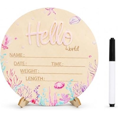 Baby Announcement Sign, Ocean Hello World Newborn Sign with Marker