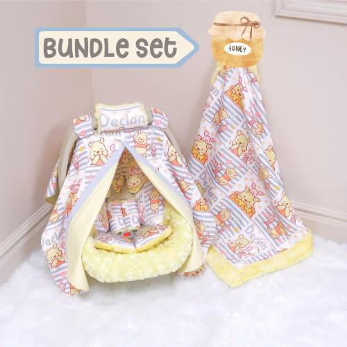 Winnie The Pooh Baby Car Seat Cover Accessories Set: Personalized Baby Car Seat Canopy, Insert Cushions, & Blanket - FREE SHIPPING