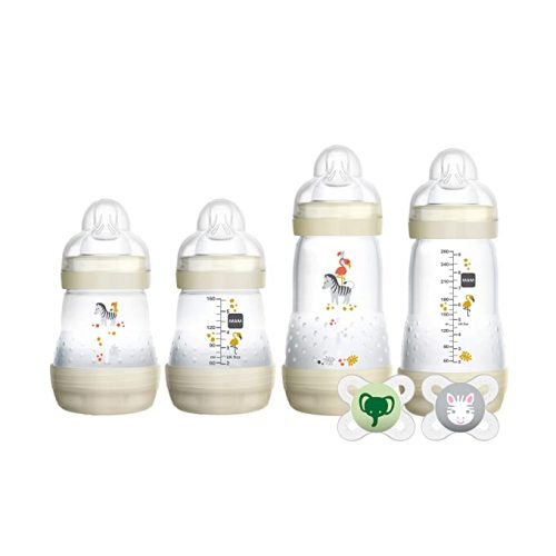 MAM Newborn Essentials "Feed & Soothe" Set (6-Piece), Easy Start Anti-Colic Baby Bottles, 0-2 Month Pacifier, Baby Shower Gifts, White - Unisex